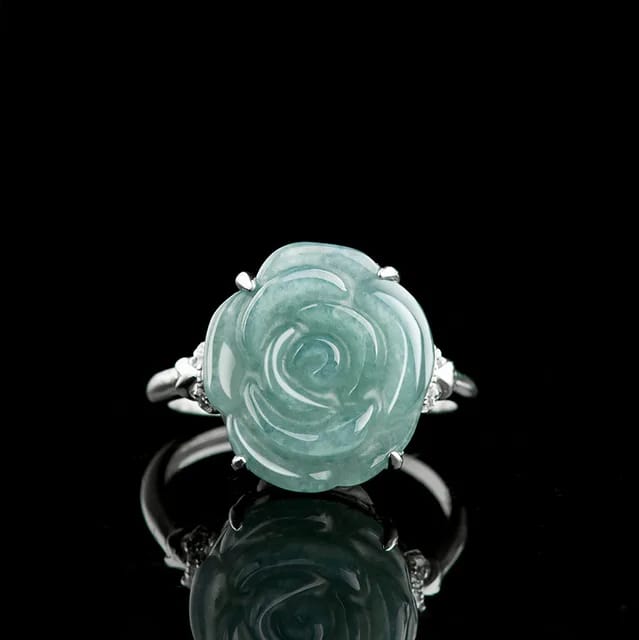 S925 Silver Inlaid Natural A Jade Rose Ring with Blue Water Ice Jade Fashion Elegant Exquisite Fashion Ring for Women Adjustable 2