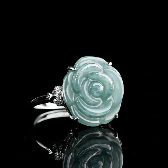 S925 Silver Inlaid Natural A Jade Rose Ring with Blue Water Ice Jade Fashion Elegant Exquisite Fashion Ring for Women Adjustable 3