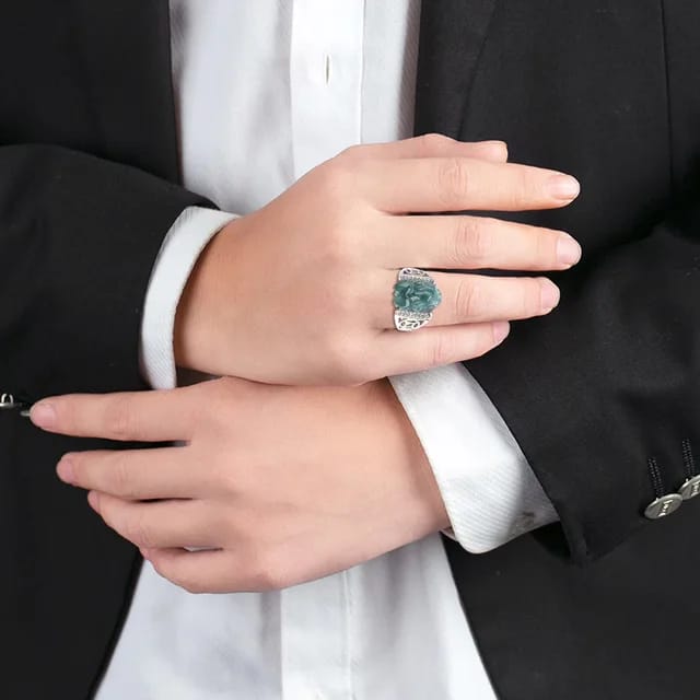 Natural A-grade Jade Blue Water Pixiu Ring for Men Women Pairing High Grade Ice Jade Fashion S925 Silver Inlaid Ring Adjustable 4