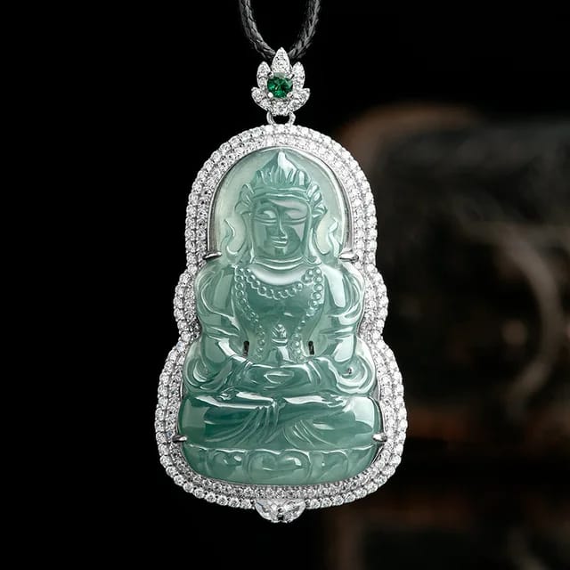 A Myanmar Jade Avalokitesvara Pendant Men Natural Blue Ice Jade S925 Silver Inlaid Zircon Women Luxury Gem Necklace Gift Amulet 1