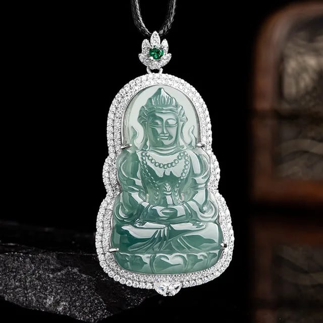 A Myanmar Jade Avalokitesvara Pendant Men Natural Blue Ice Jade S925 Silver Inlaid Zircon Women Luxury Gem Necklace Gift Amulet 3