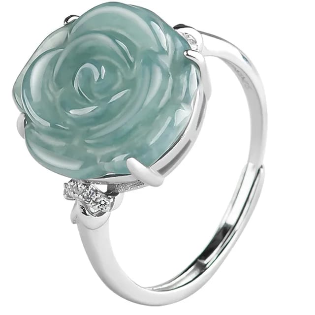 S925 Silver Inlaid Natural A Jade Rose Ring with Blue Water Ice Jade Fashion Elegant Exquisite Fashion Ring for Women Adjustable 5