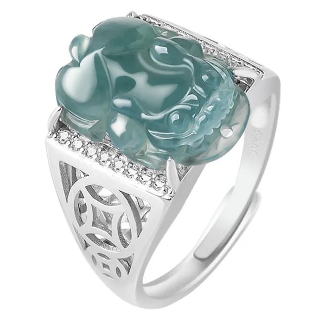 Natural A-grade Jade Blue Water Pixiu Ring for Men Women Pairing High Grade Ice Jade Fashion S925 Silver Inlaid Ring Adjustable 5