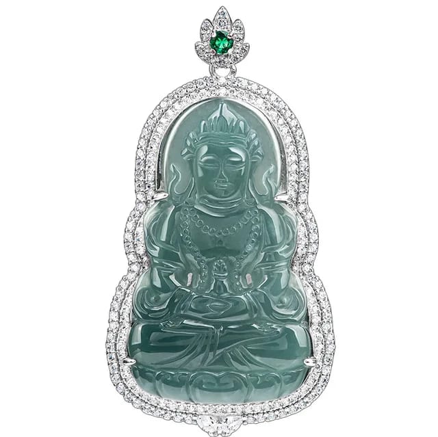 A Myanmar Jade Avalokitesvara Pendant Men Natural Blue Ice Jade S925 Silver Inlaid Zircon Women Luxury Gem Necklace Gift Amulet 5