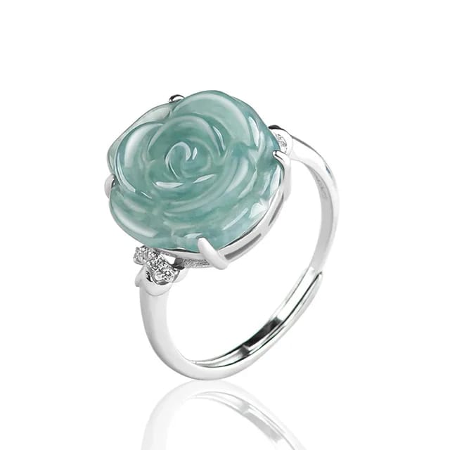S925 Silver Inlaid Natural A Jade Rose Ring with Blue Water Ice Jade Fashion Elegant Exquisite Fashion Ring for Women Adjustable 1
