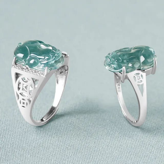 Natural A-grade Jade Blue Water Pixiu Ring for Men Women Pairing High Grade Ice Jade Fashion S925 Silver Inlaid Ring Adjustable 3