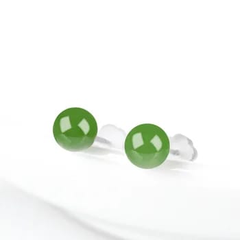 lose-up of Jade Hunt's Authentic Green Jade Stud Earrings on a pure white background, showcasing the vibrant green jade beads and the gleaming S925 silver setting.