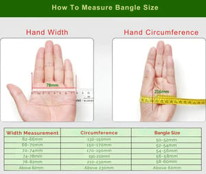 Diagram showing two methods for measuring hand size for a jade bangle, with corresponding inner diameter size chart.