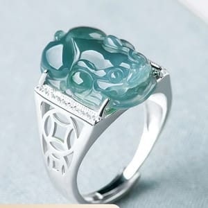 Natural A-grade Jade Blue Water Pixiu Ring for Men Women Pairing High Grade Ice Jade Fashion S925 Silver Inlaid Ring Adjustable 1