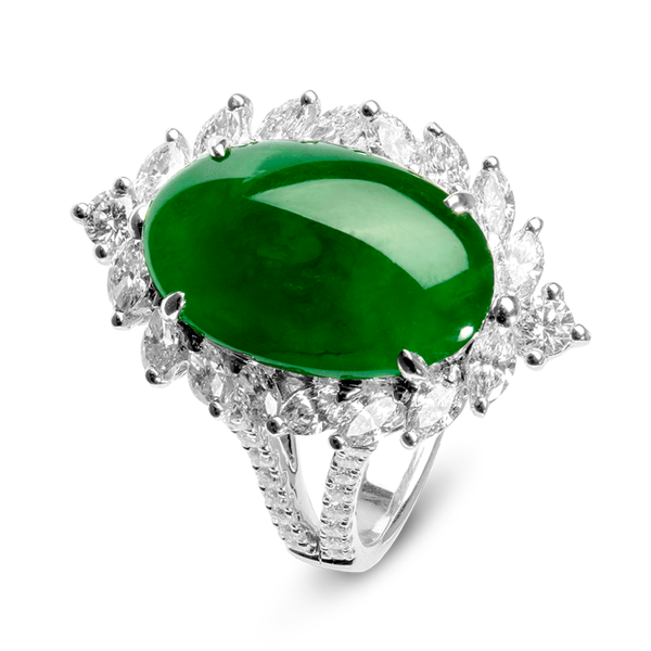 A jade and diamond ring, showing the vivid green color that high quality jade can have.