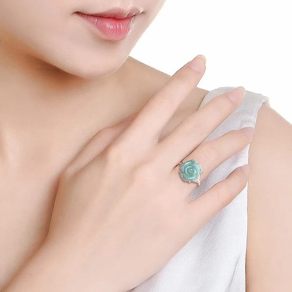 S925 Silver Inlaid Natural A Jade Rose Ring with Blue Water Ice Jade Fashion Elegant Exquisite Fashion Ring for Women Adjustable 4