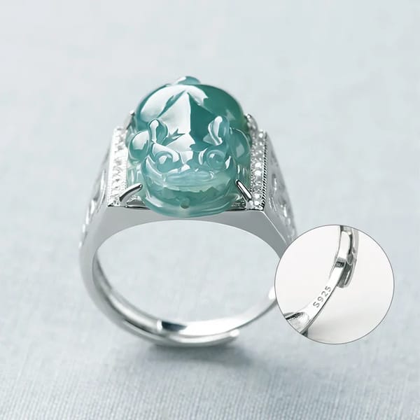 Natural A-grade Jade Blue Water Pixiu Ring for Men Women Pairing High Grade Ice Jade Fashion S925 Silver Inlaid Ring Adjustable 2