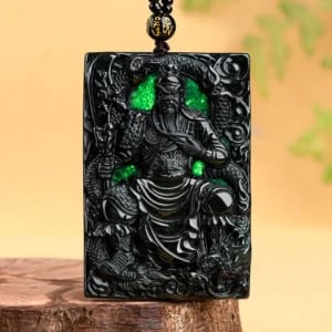 Dark Green Black Jadeite Guan Gong Pendant with Translucent Carved Detail