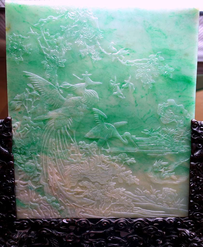 Qing Dynasty Era Jade Artwork, White and Green Jadeite with a scene of birds and flowers