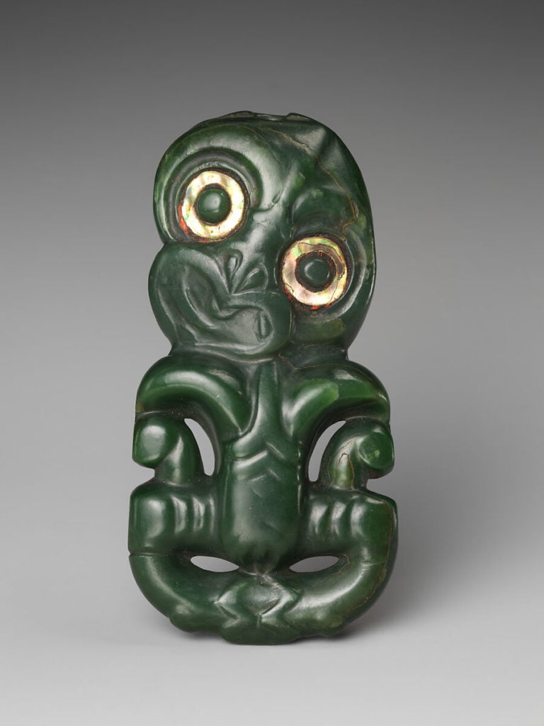 Green nephrite jade from New Zealand (also known as Pounamu). This carving was made in the 19th century.